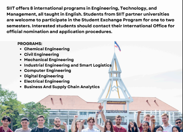 Chương trình Trao đổi sinh viên, năm học 2026 – 2027 tại Viện Công nghệ Quốc tế Sirindhorn (SIIT), Đại học Thammasat, Thái Lan